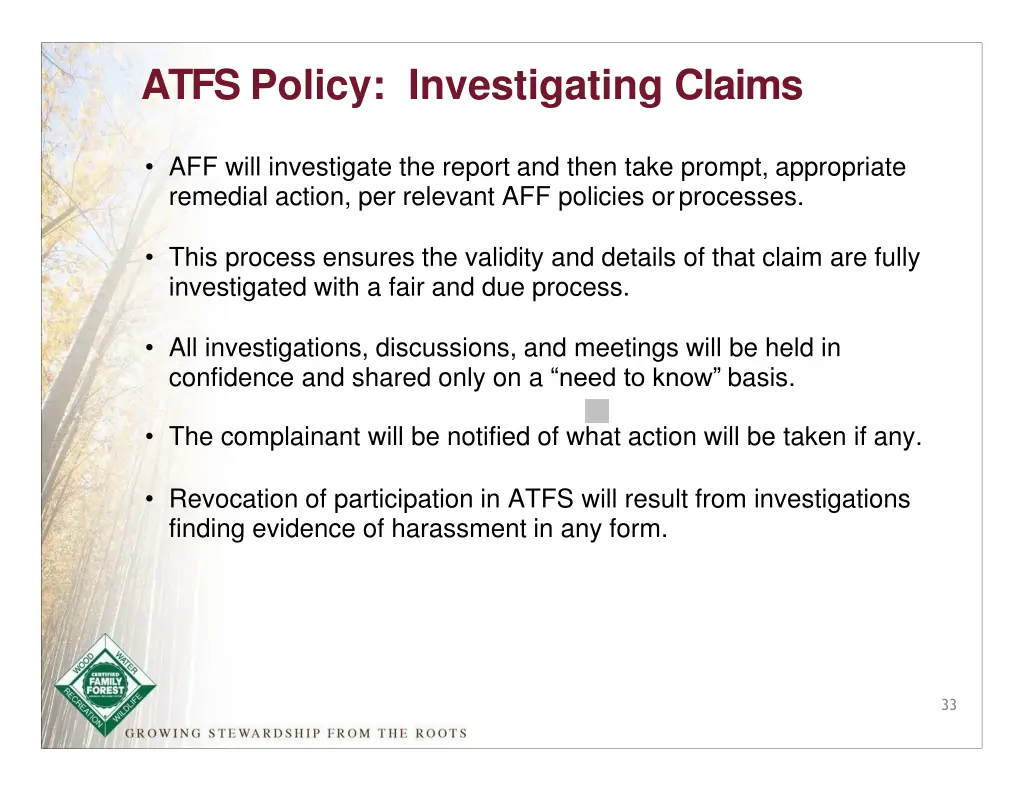 atfs policy investigating claims