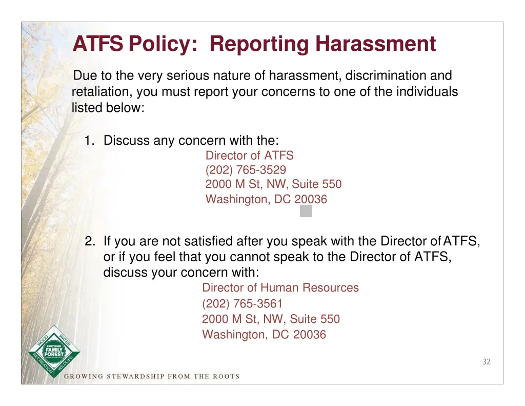 atfs policy reporting harassment