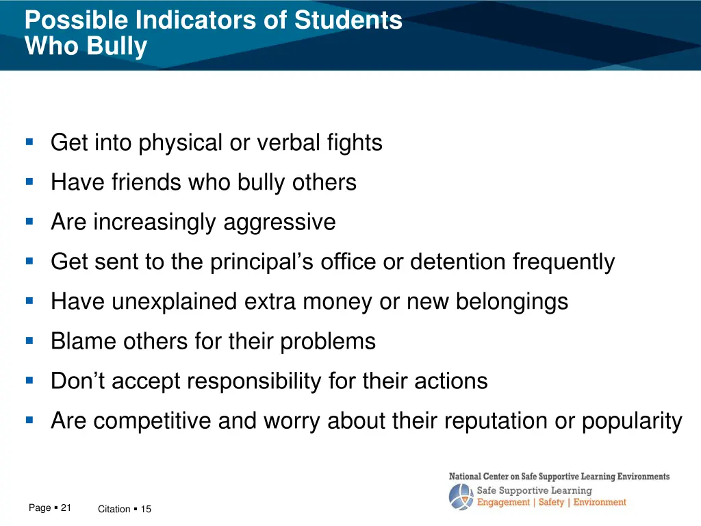 possible indicators of students who bully