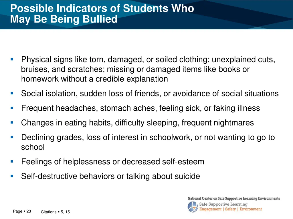 possible indicators of students who may be being