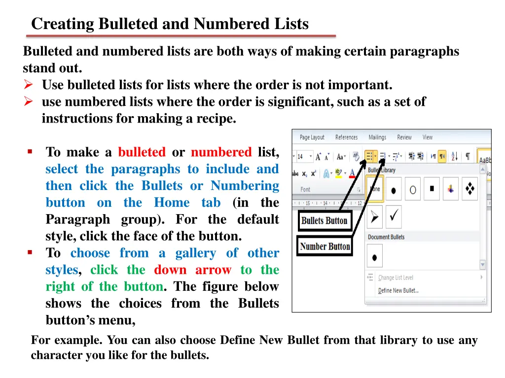 creating bulleted and numbered lists