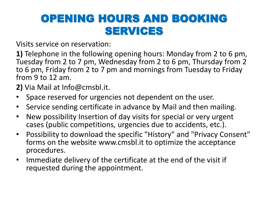 opening hours and booking opening hours