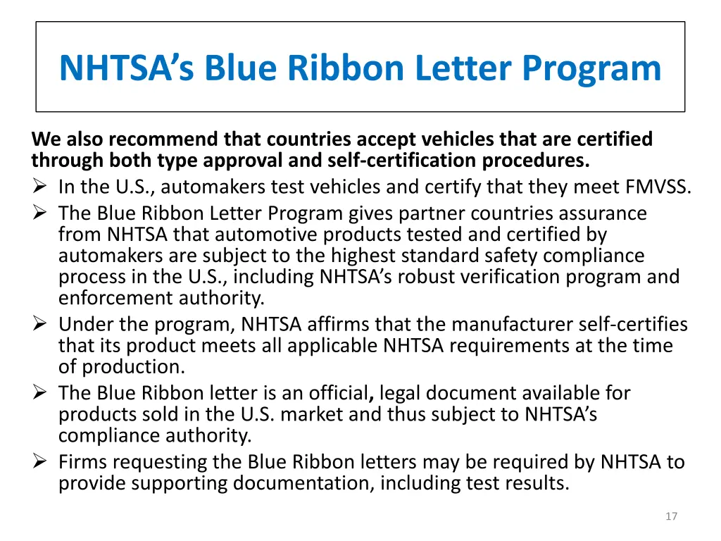 nhtsa s blue ribbon letter program