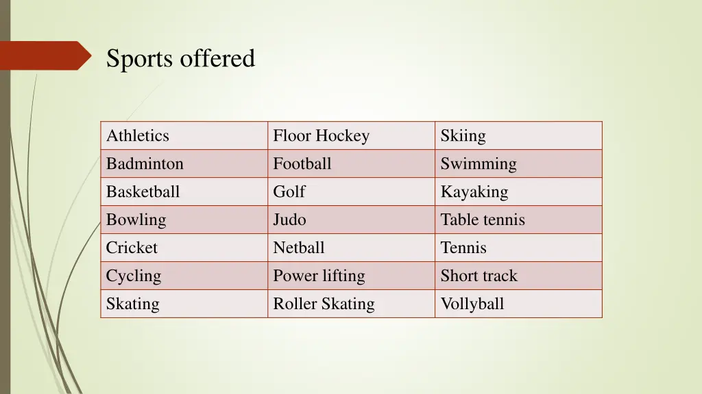 sports offered