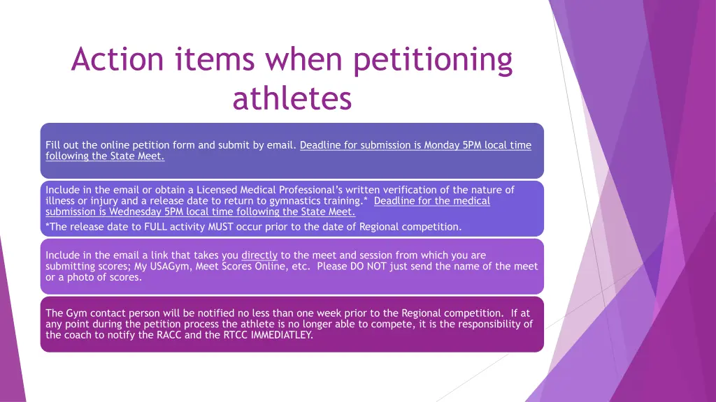 action items when petitioning athletes