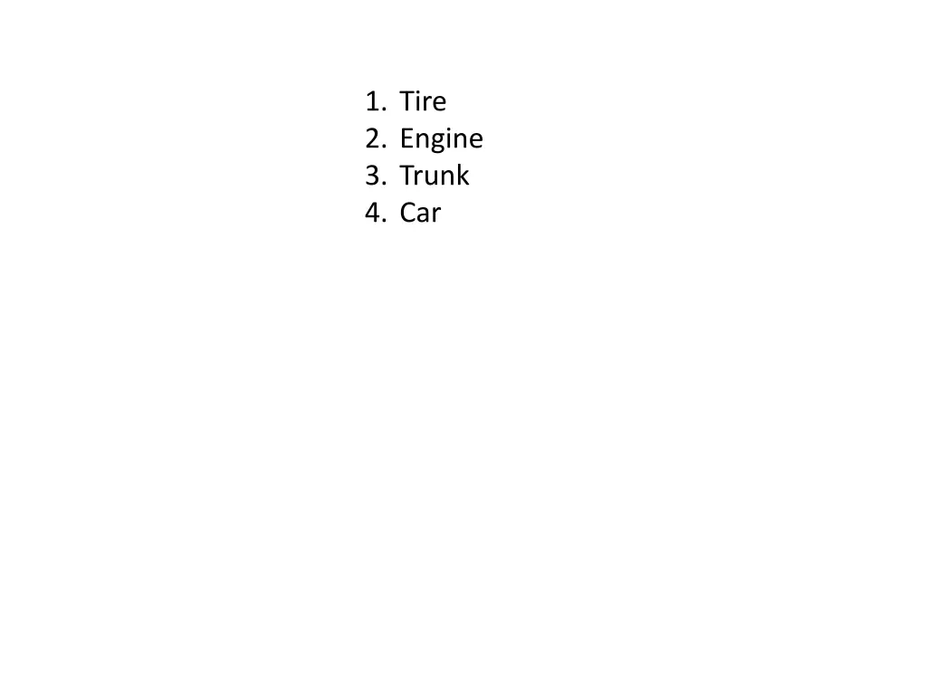 1 tire 2 engine 3 trunk 4 car