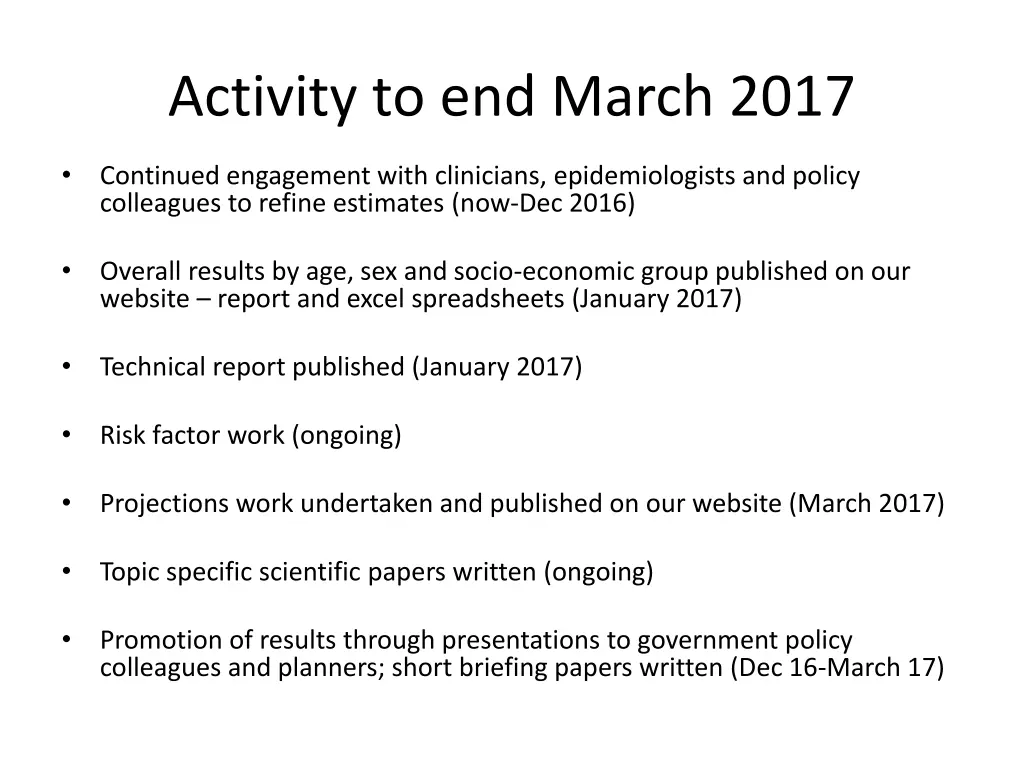 activity to end march 2017