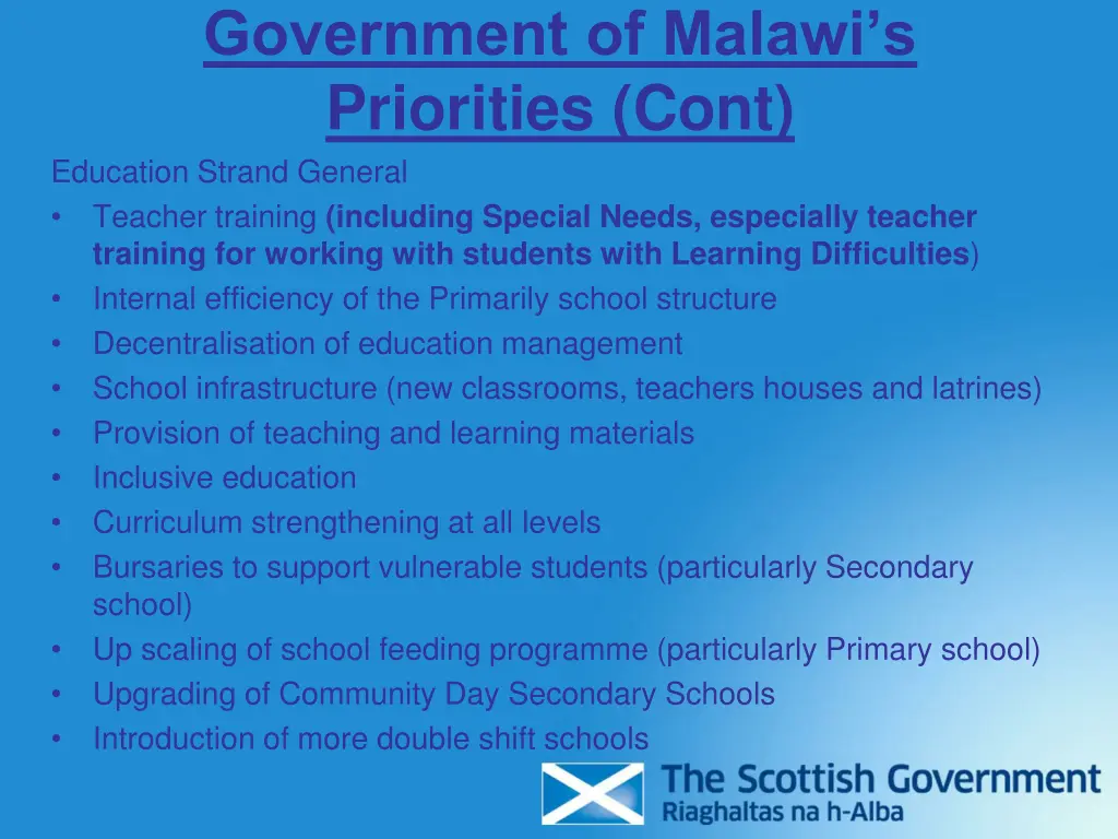 government of malawi s priorities cont education