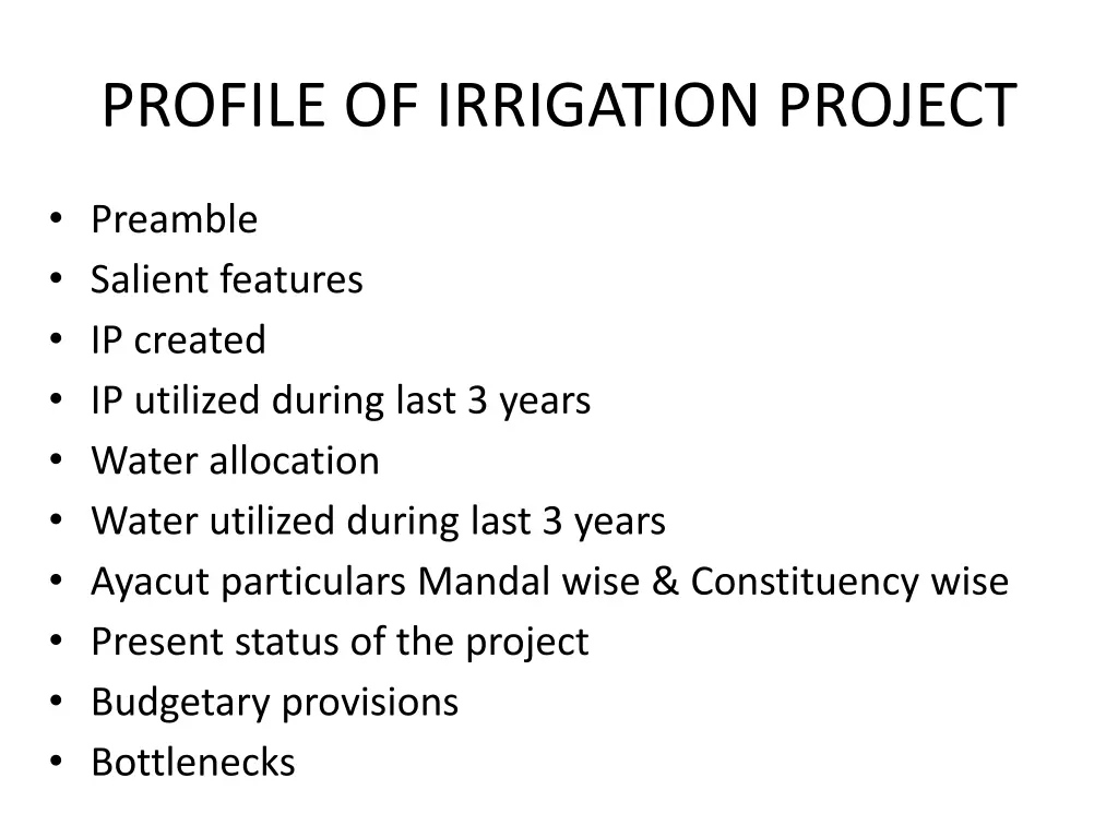 profile of irrigation project