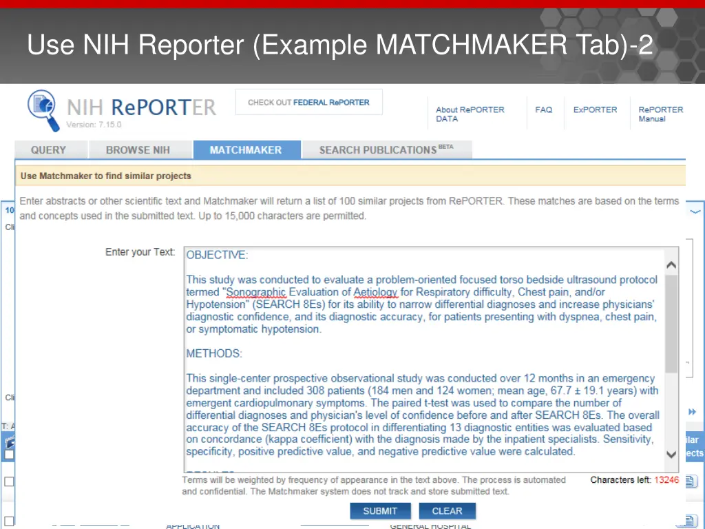 use nih reporter example matchmaker tab 2