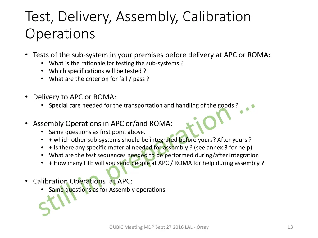 test delivery assembly calibration operations