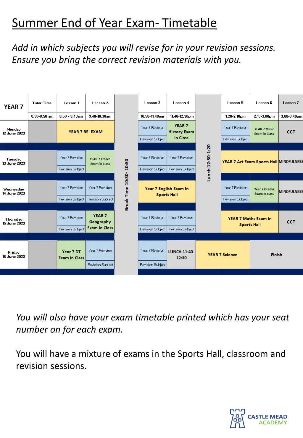 summer end of year exam timetable