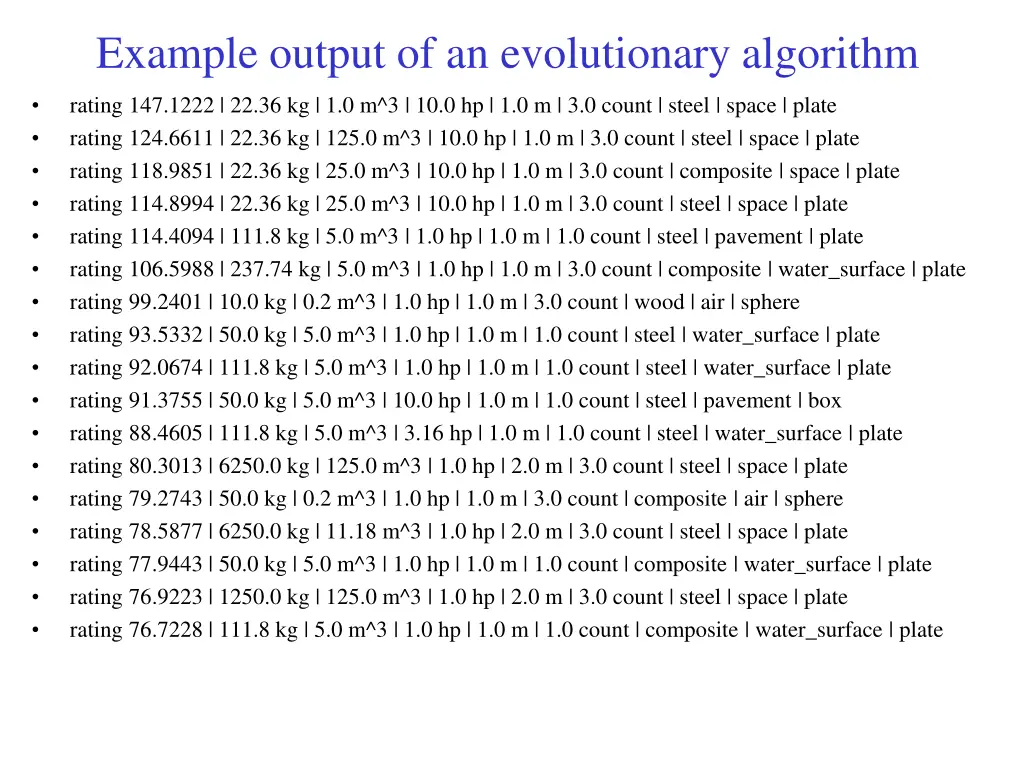 example output of an evolutionary algorithm