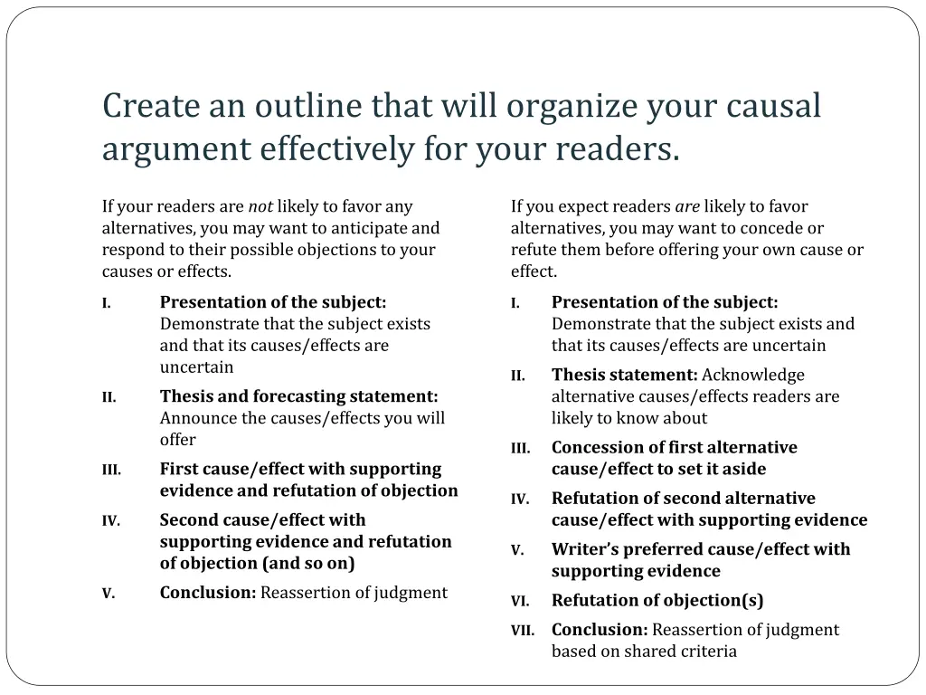 create an outline that will organize your causal 1