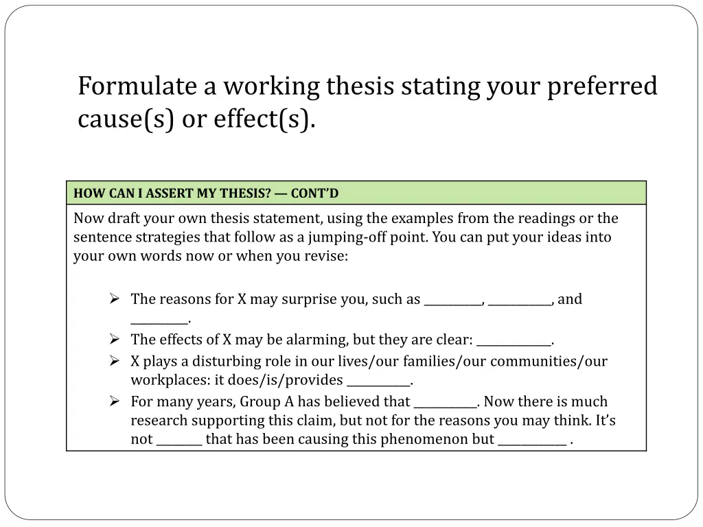 formulate a working thesis stating your preferred 1