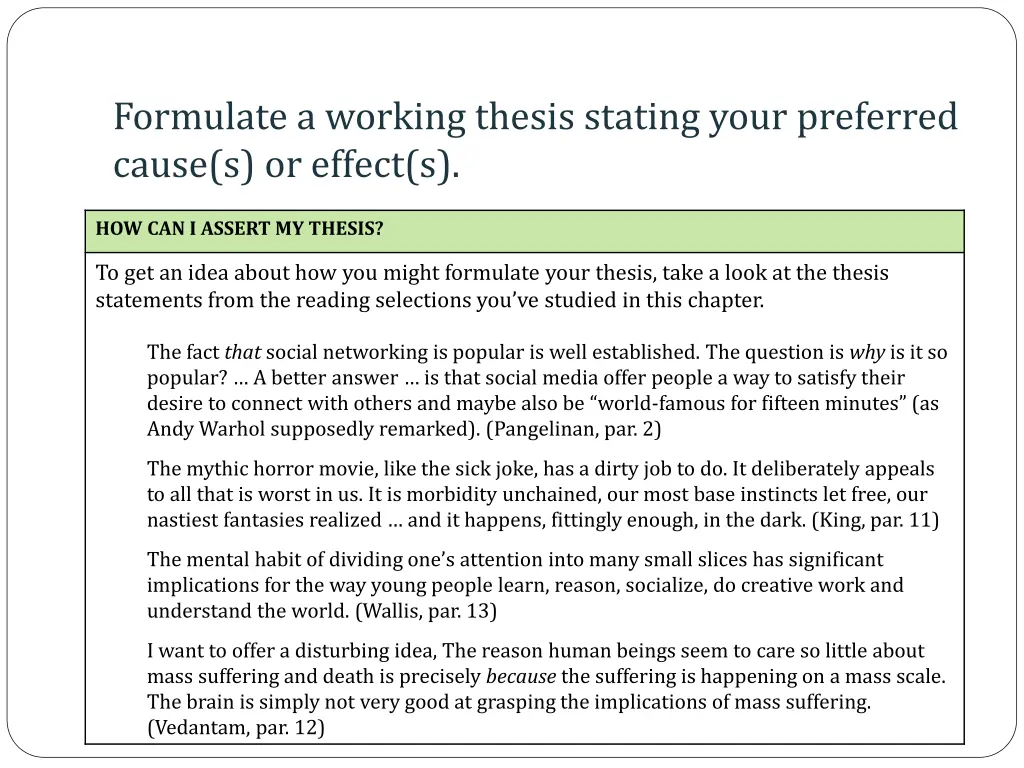 formulate a working thesis stating your preferred