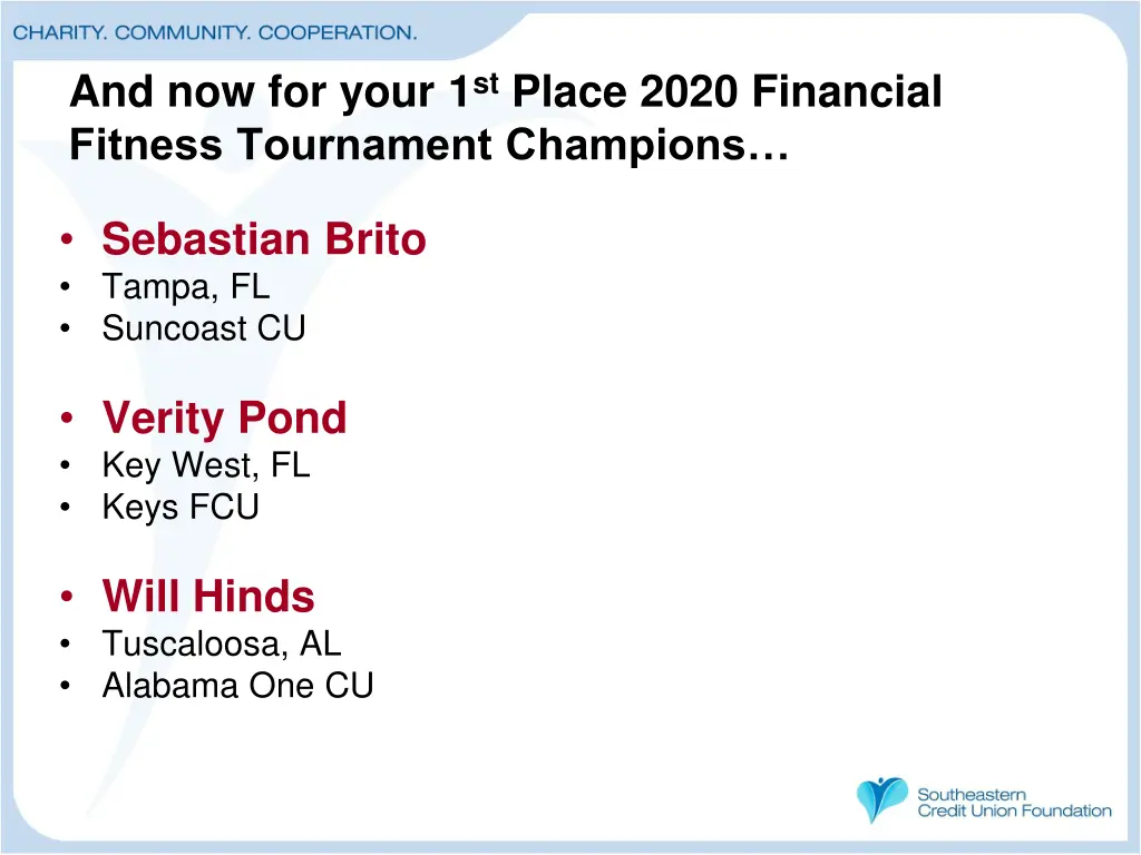 and now for your 1 st place 2020 financial