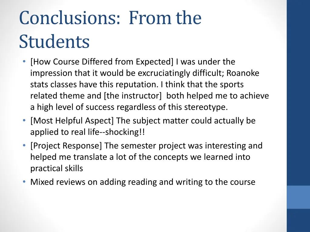 conclusions from the students how course differed