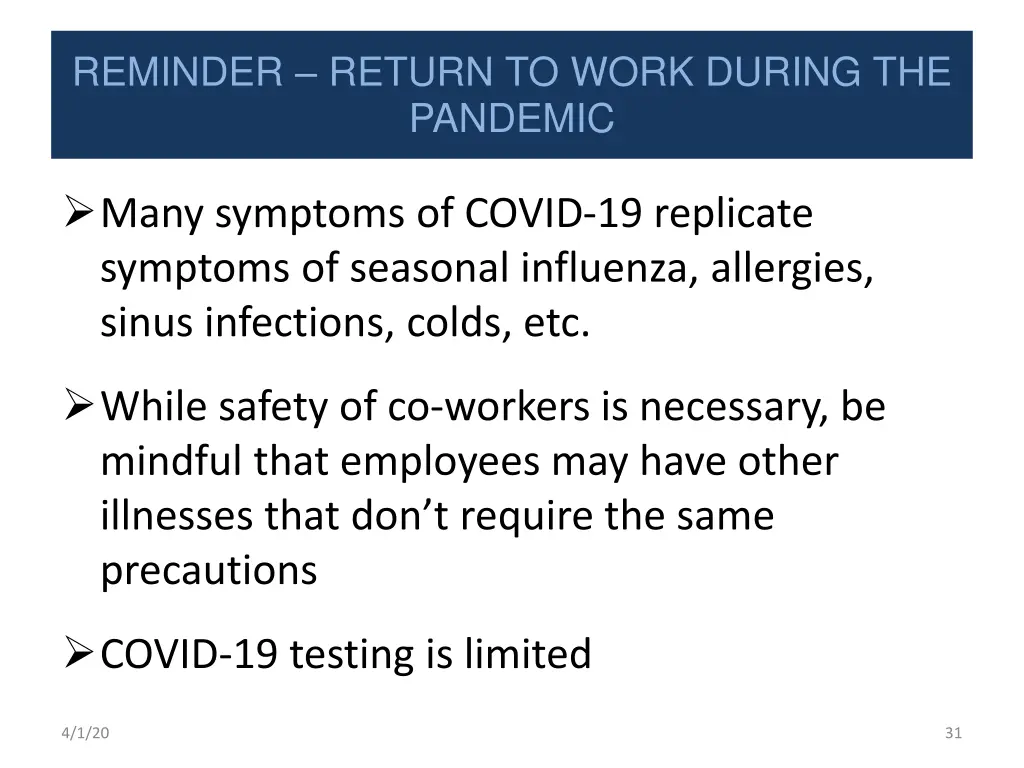 reminder return to work during the pandemic