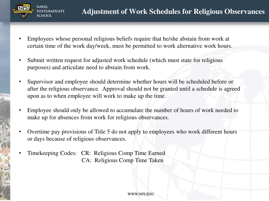 adjustment of work schedules for religious