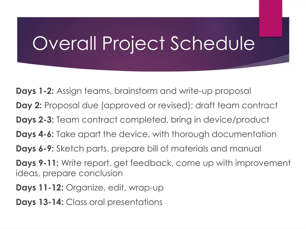 overall project schedule