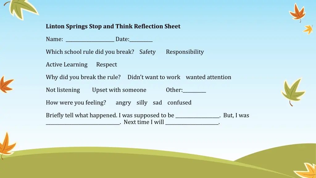 linton springs stop and think reflection sheet