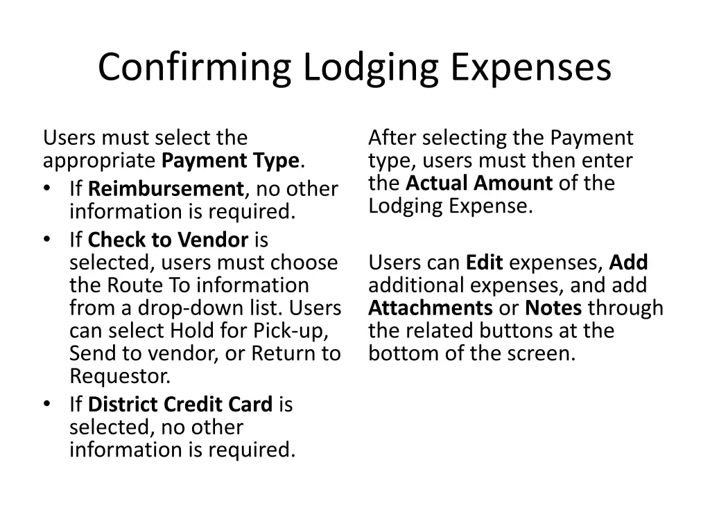 confirming lodging expenses