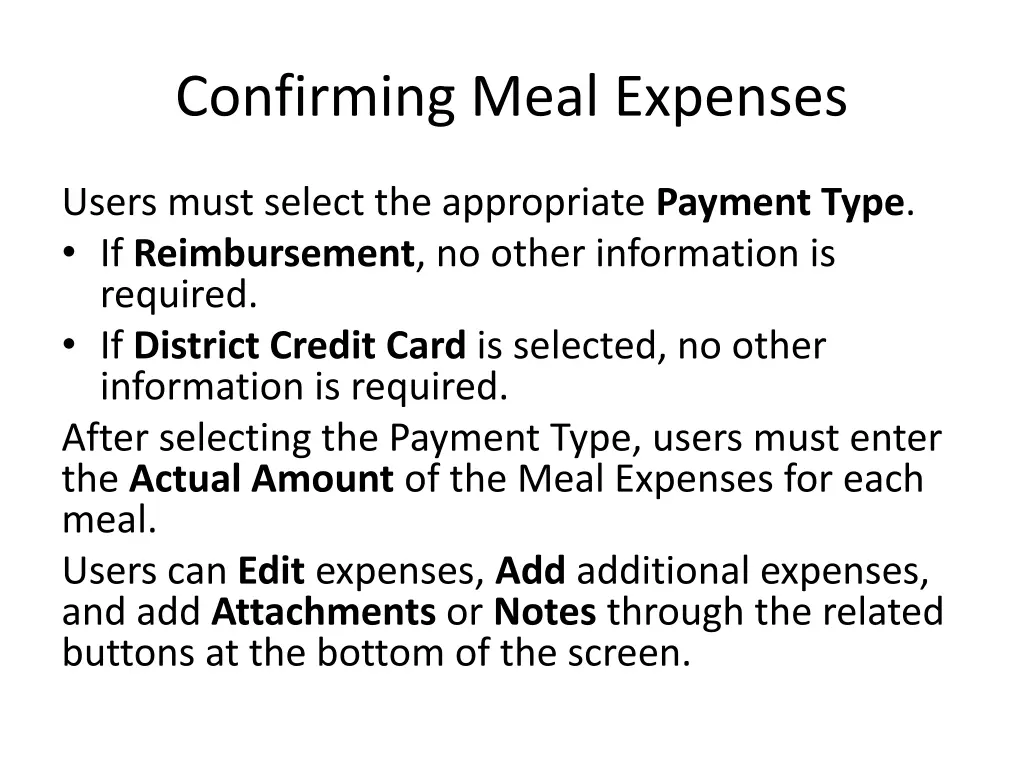 confirming meal expenses