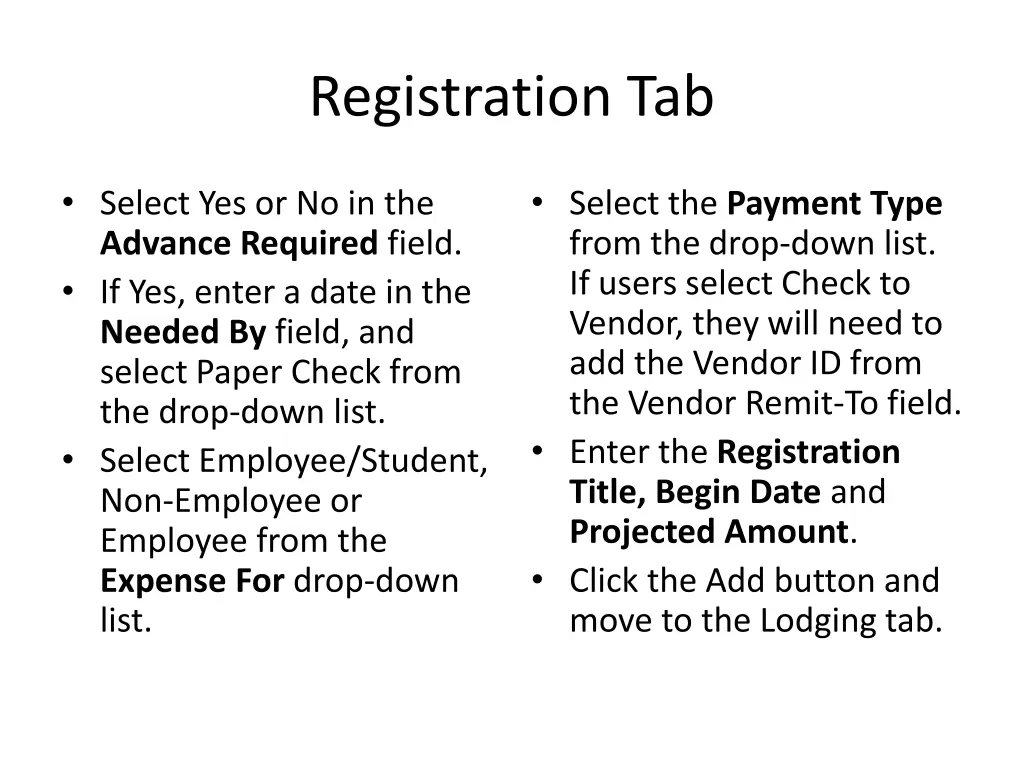 registration tab