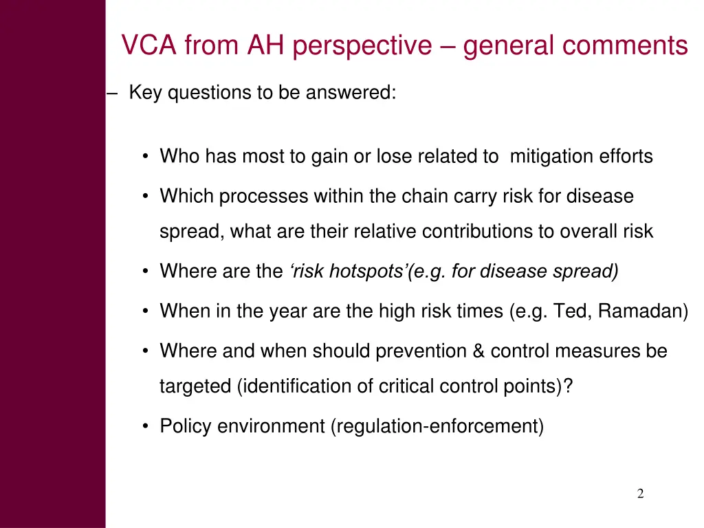 vca from ah perspective general comments