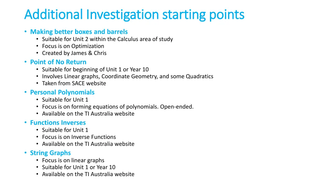 additional investigation starting points