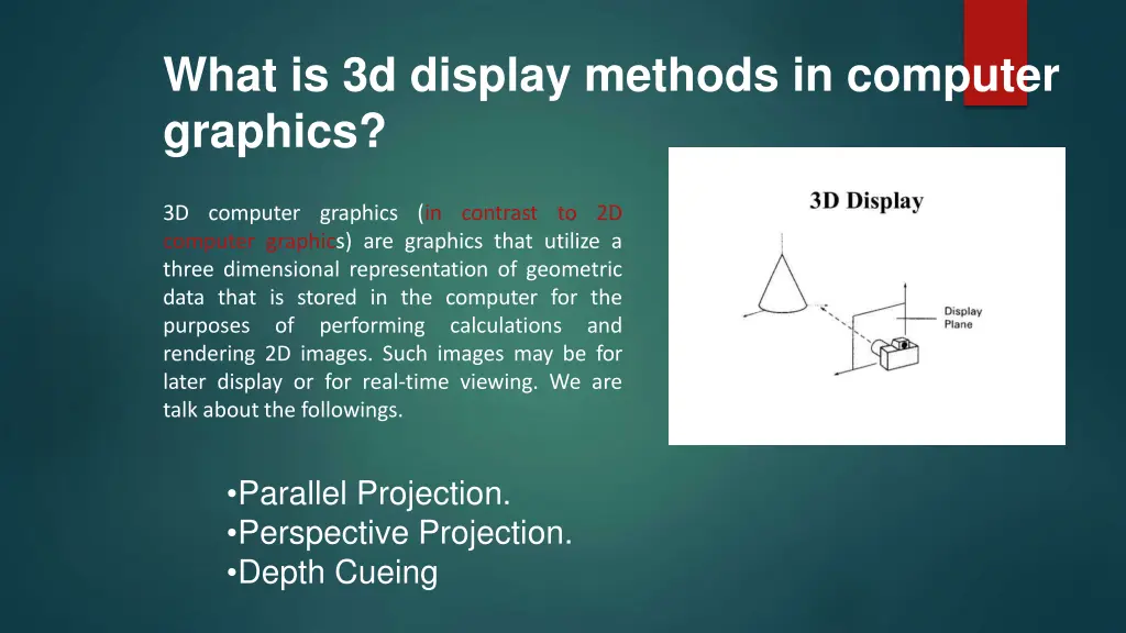 what is 3d display methods in computer graphics