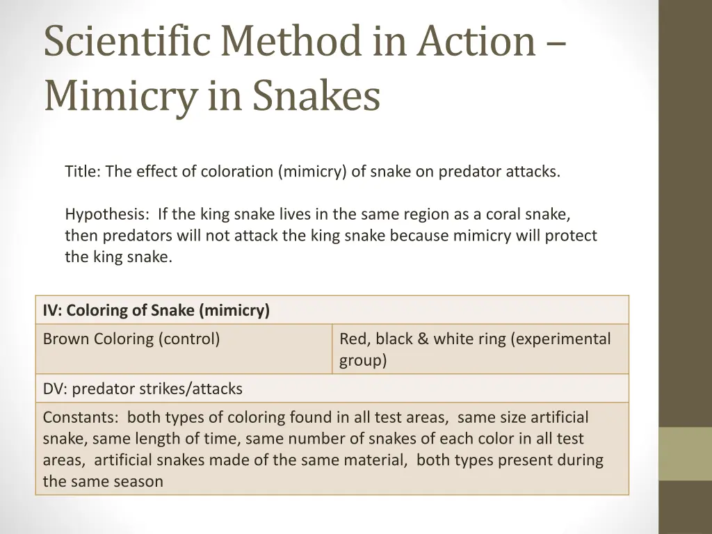 scientific method in action mimicry in snakes