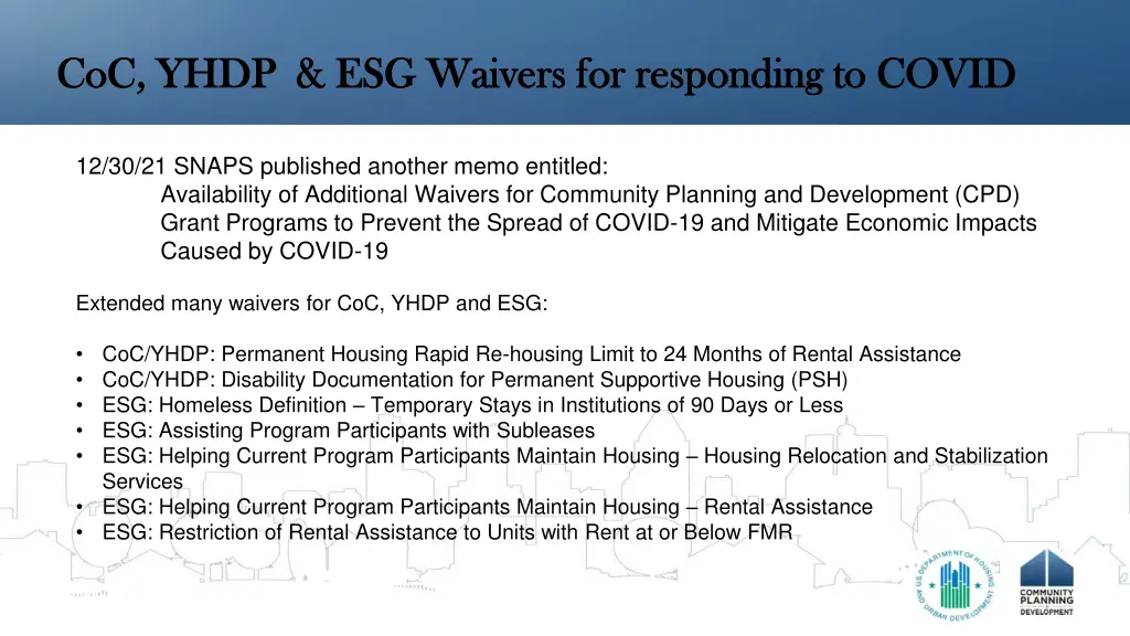 coc yhdp esg waivers for responding to covid