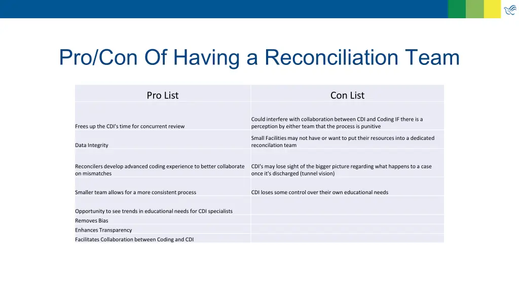 pro con of having a reconciliation team