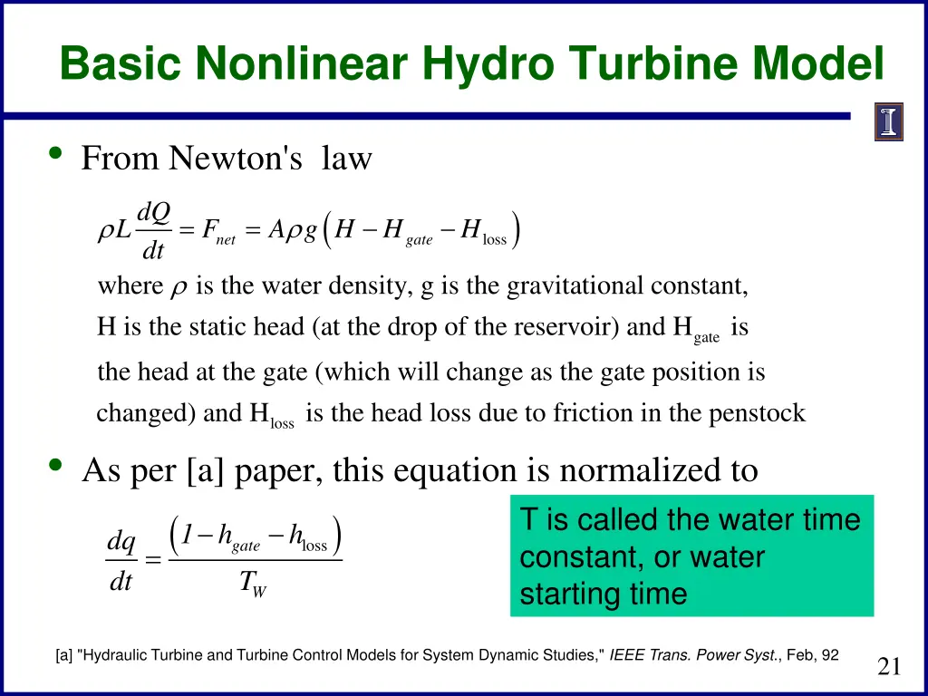 basic nonlinear hydro turbine model 1