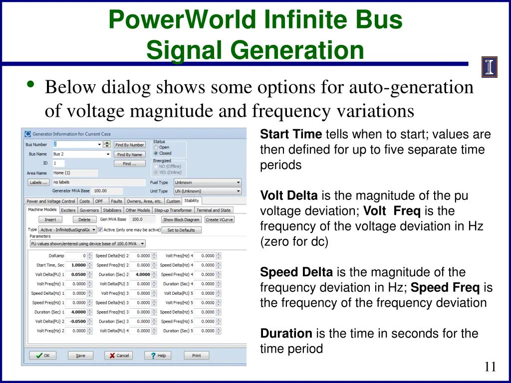 powerworld infinite bus signal generation below