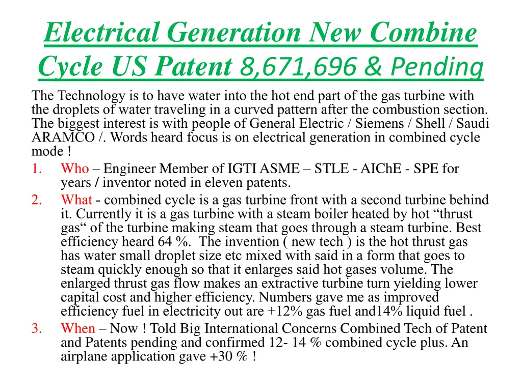 electrical generation new combine cycle us patent