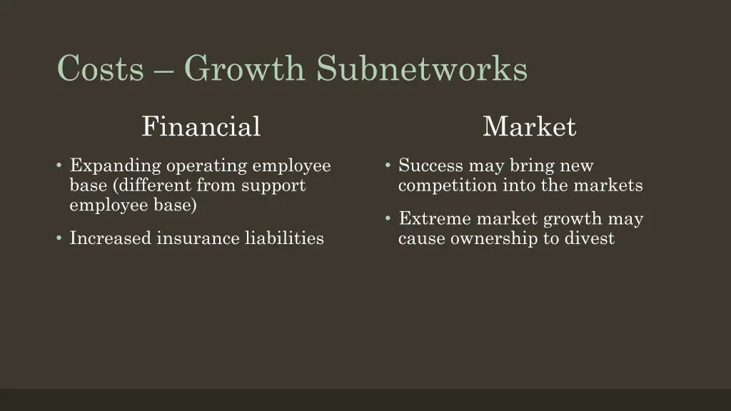 costs growth subnetworks