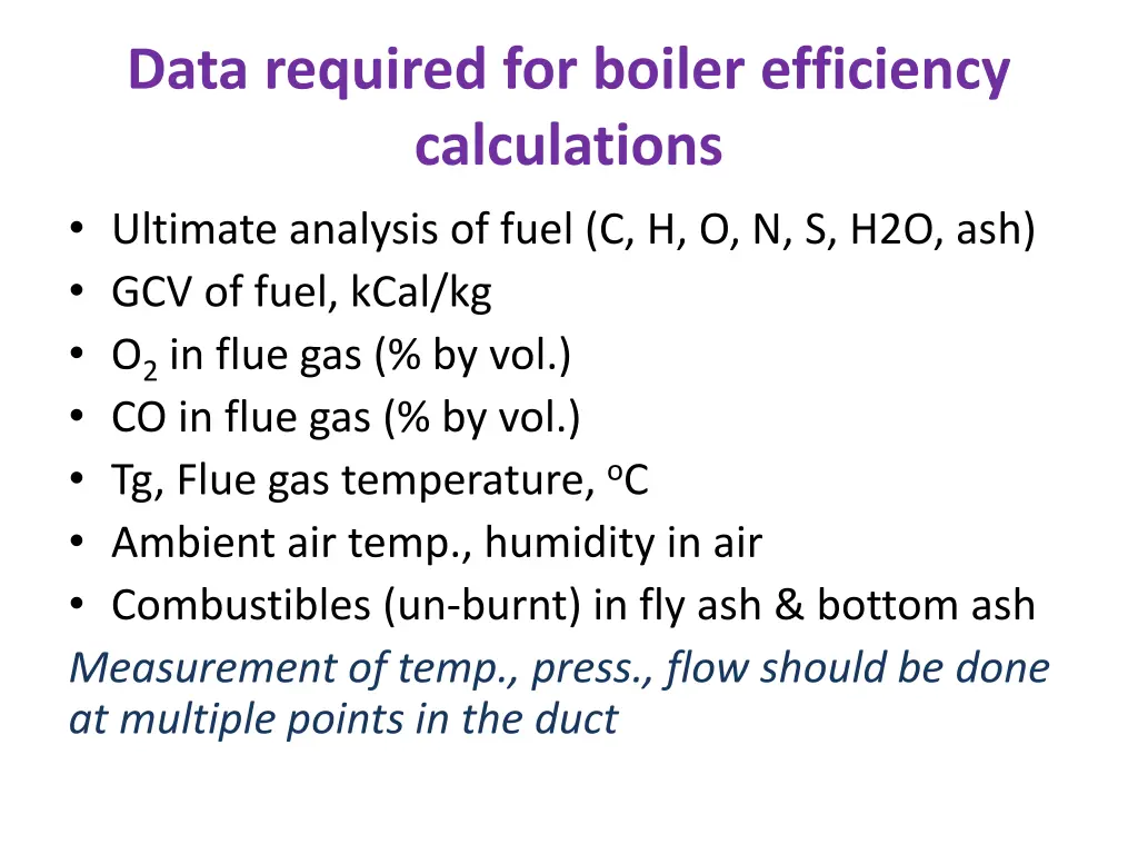 data required for boiler efficiency calculations