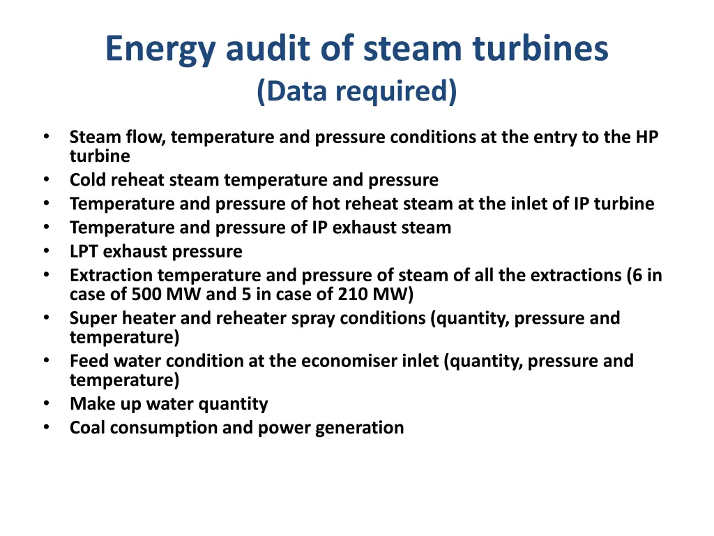 energy audit of steam turbines data required