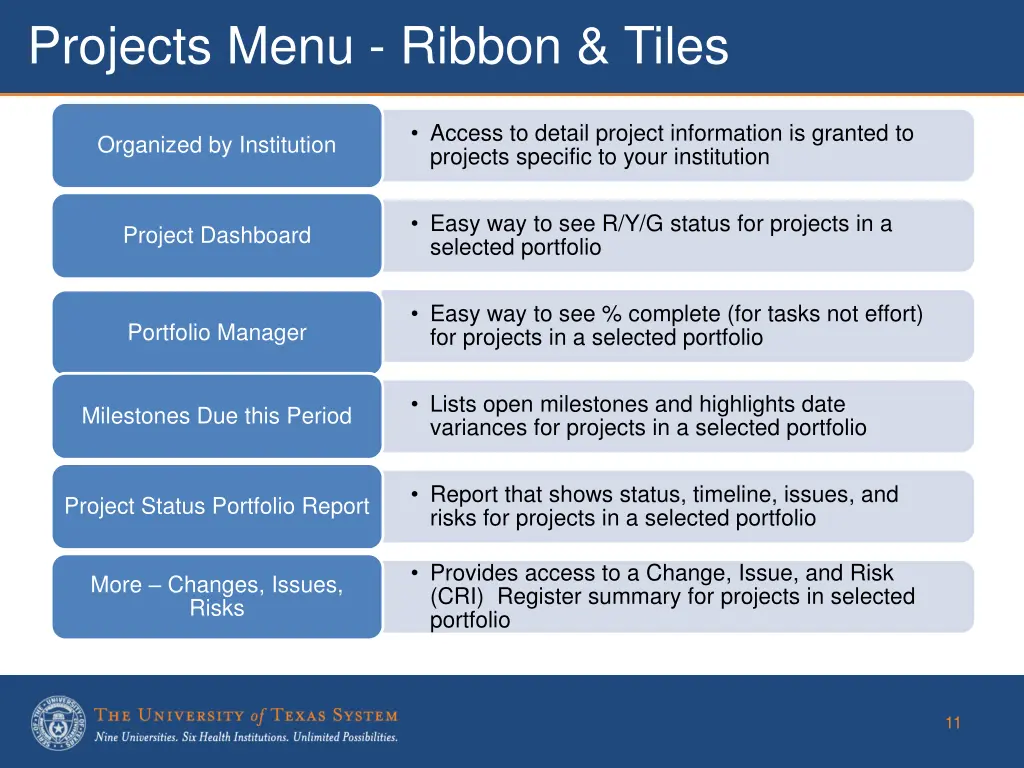 projects menu ribbon tiles