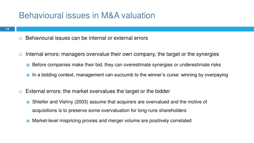 behavioural issues in m a valuation