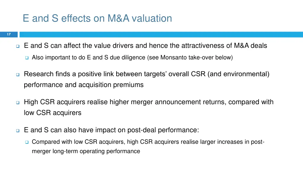 e and s effects on m a valuation