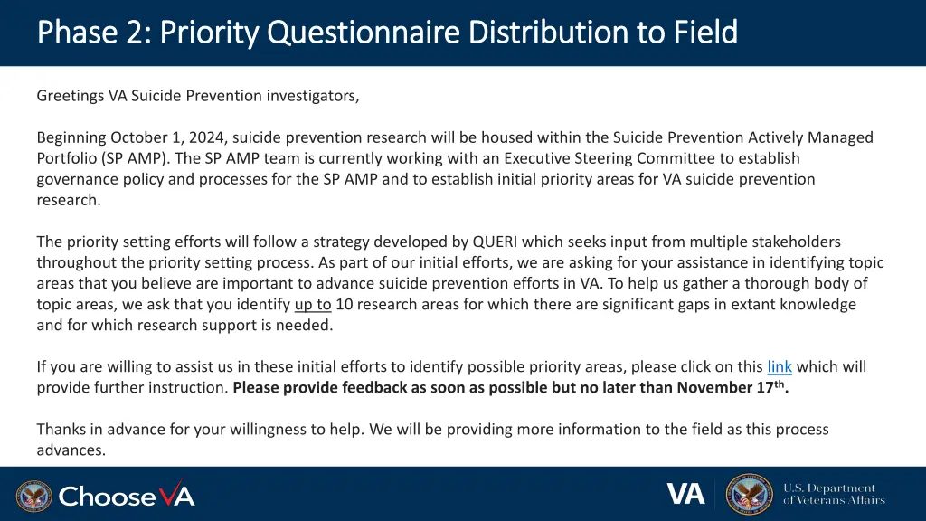 phase 2 priority questionnaire distribution