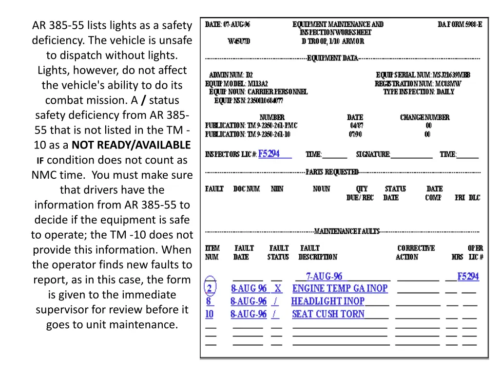 ar 385 55 lists lights as a safety deficiency