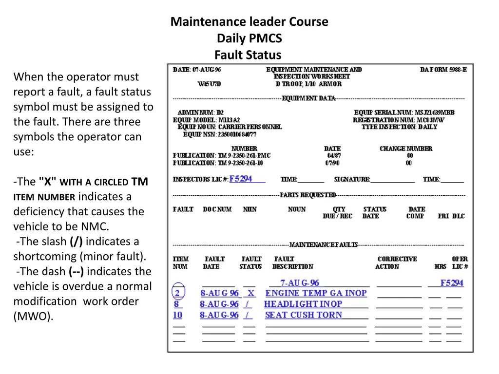 maintenance leader course daily pmcs fault status