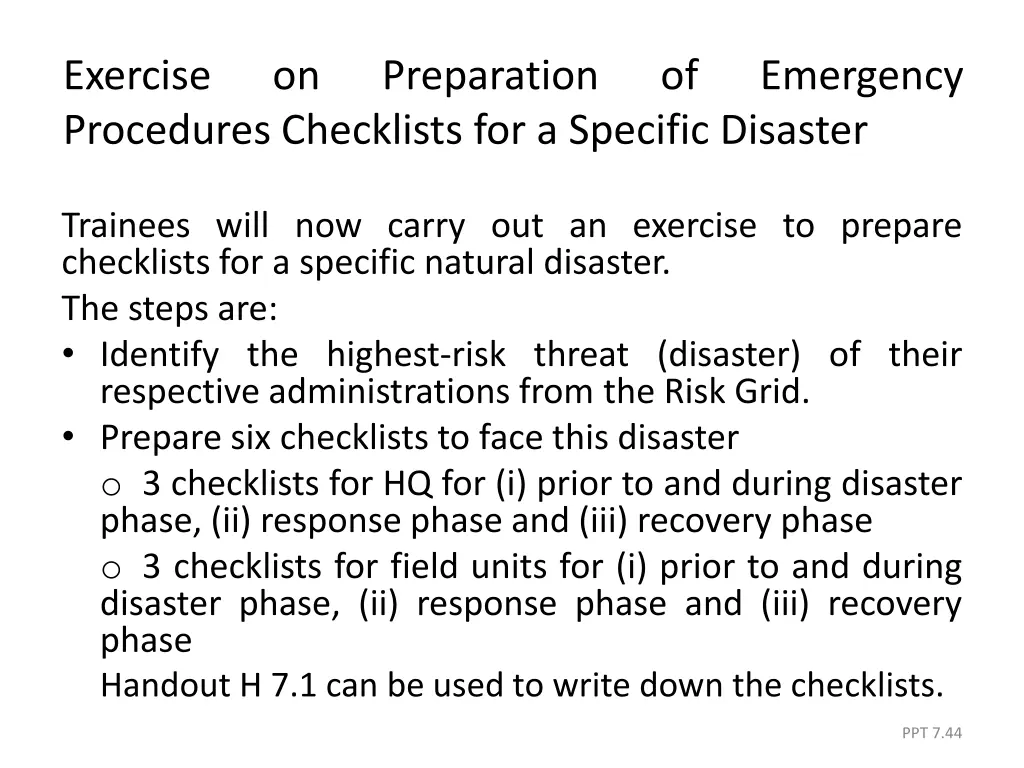 exercise procedures checklists for a specific