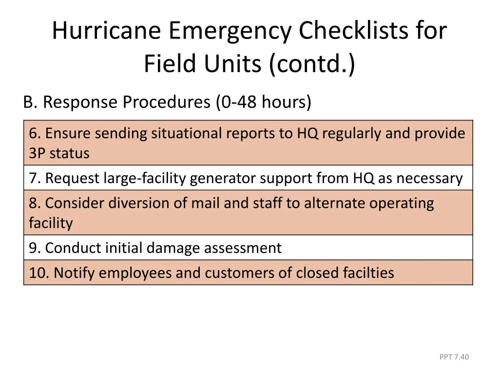 hurricane emergency checklists for field units 4