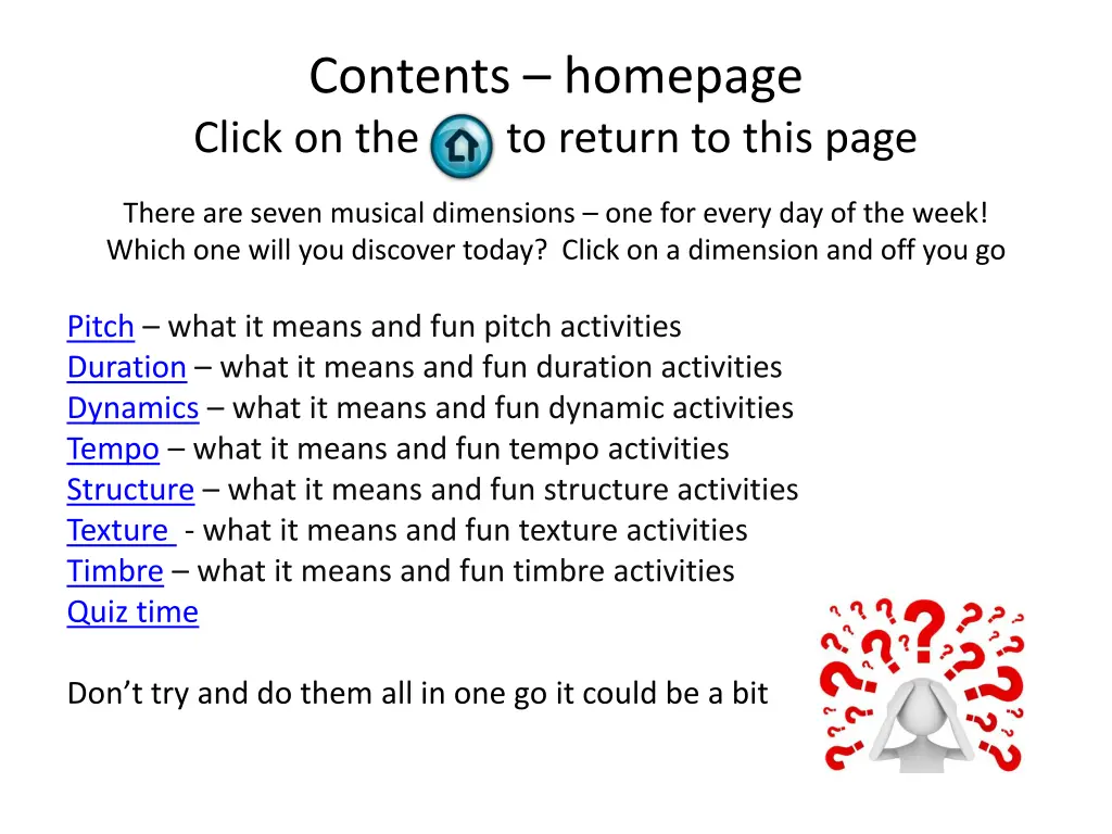 contents homepage click on the to return to this